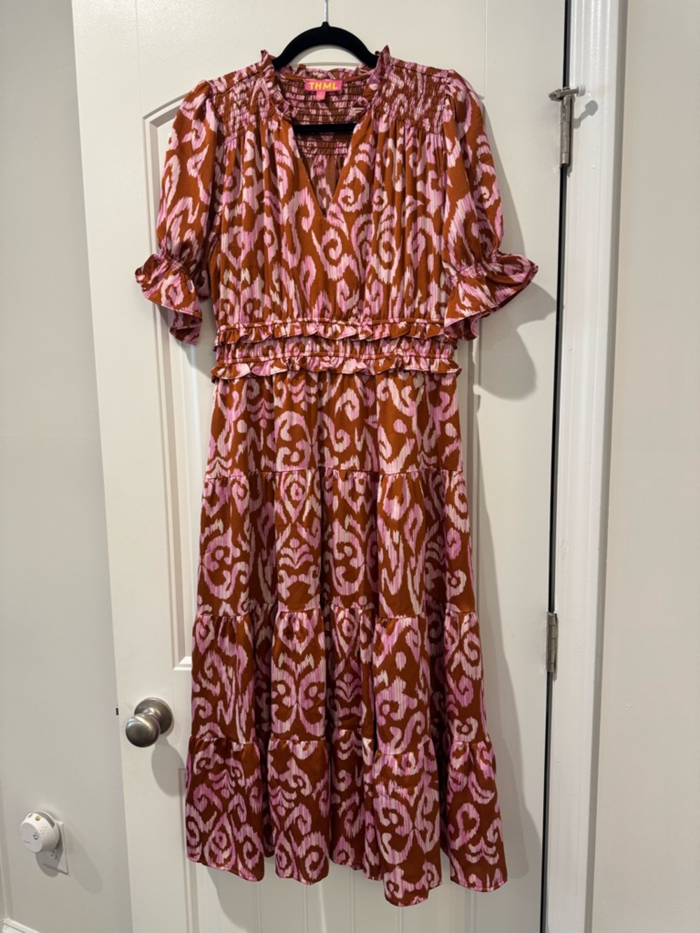THML Pink and Brown Printed Tiered V-Neck Midi Dress